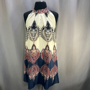Womens Bohemian Charm Mini Dress Small Multicolor Paisley Print Halter Neck